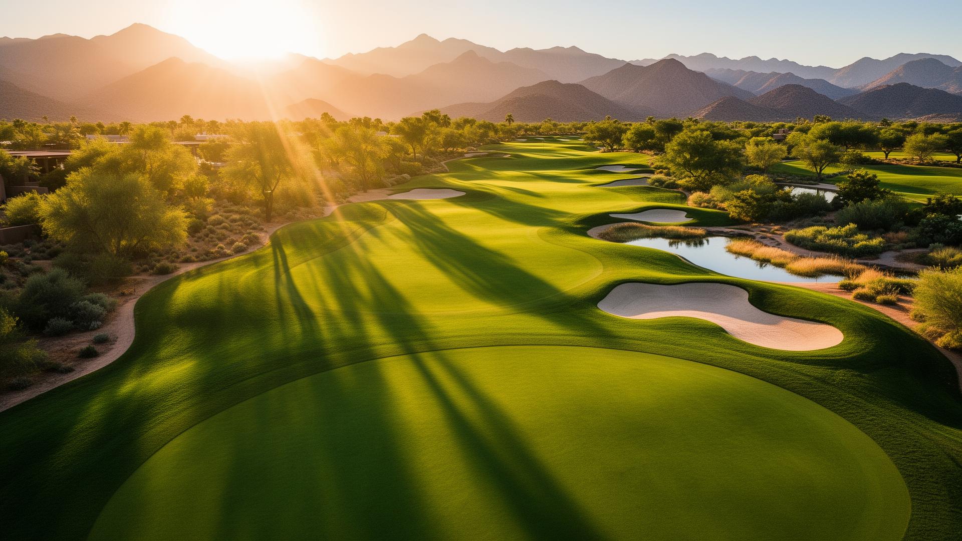 Aerial view of a lush golf course at sunrise with mountains in the background